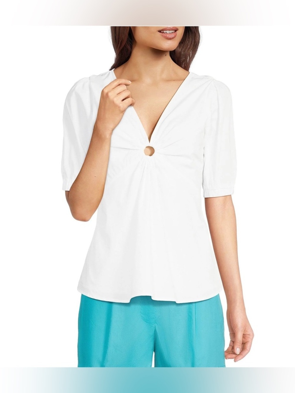 Michael Michael Kors Cotton V-Neck Blouse With Puff Short Sleeves Size Small